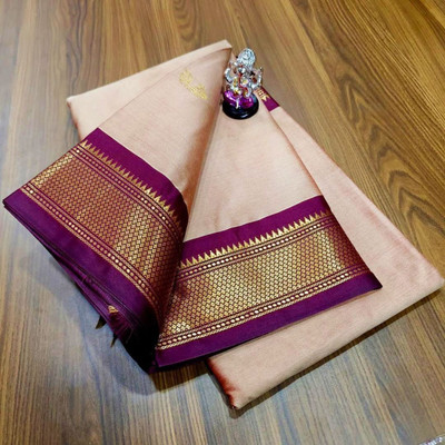 NST5 Printed Paithani Cotton Silk Saree(Cream, Brown)