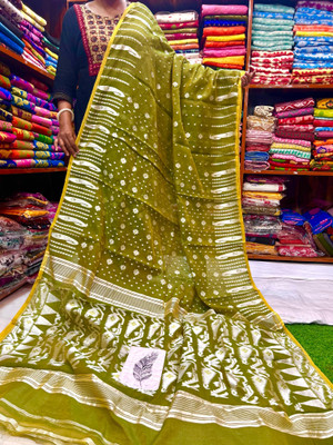 DURGA TEXTILE Self Design Handloom Cotton Silk Saree(Green, Multicolor)