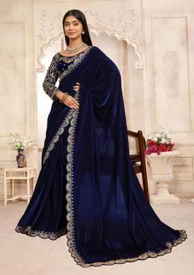 hutah Embellished, Woven Banarasi Pure Cotton, Velvet Saree(Dark Blue)