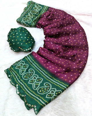 VD PRINTS Printed Bandhani Silk Blend Saree(Maroon, Green)
