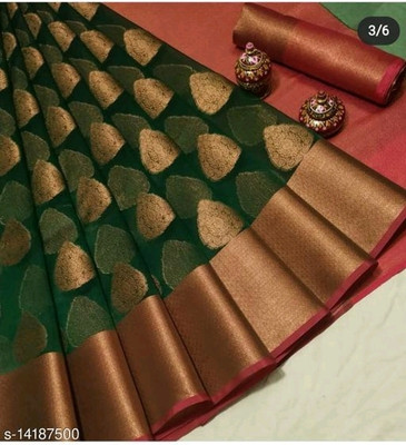 MT textiles Woven Banarasi Organza Saree(Dark Green)