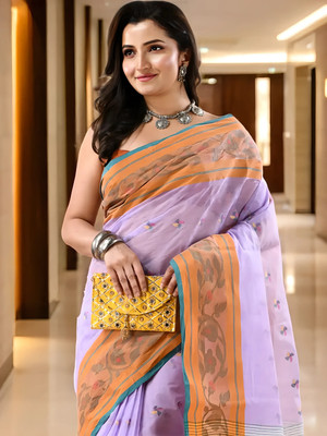 TANTLOOM Printed, Woven Handloom Pure Cotton Saree(Purple)