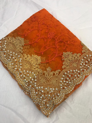 SkyFlock Embroidered, Embellished Bollywood Net Saree(Orange)