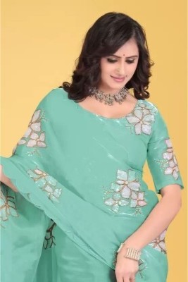 Tejal Creation Embroidered Bollywood Chiffon Saree(Light Blue)