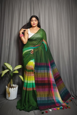KUTTUS CREATIONS Striped, Checkered Handloom Khadi Saree(Multicolor, Green)