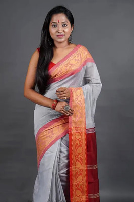 HouseOfCommon Solid/Plain Handloom Cotton Silk Saree(Grey)