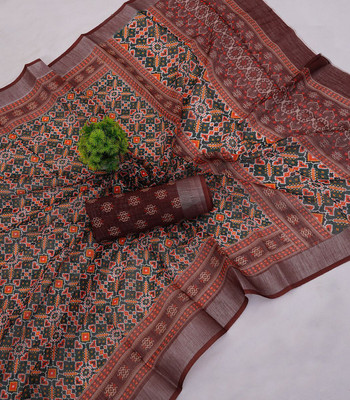 Soor Panchi Printed Bollywood Cotton Linen Saree(Multicolor)