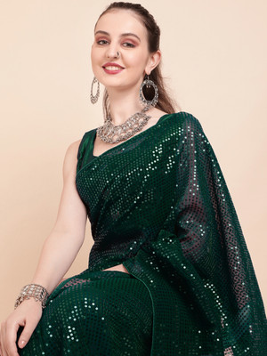 Clemira Checkered, Embellished Bollywood Georgette Saree(Green)