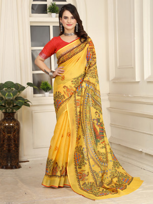 Anouk Rustic Printed Baluchari Cotton Linen Saree(Yellow)