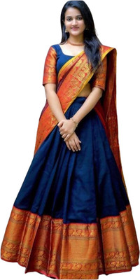 LAKSHYAFASHIION Printed Kanjivaram Silk Blend Saree(Dark Blue)