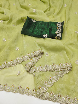 VATRIKA Embroidered Bollywood Chiffon Saree(Light Green)