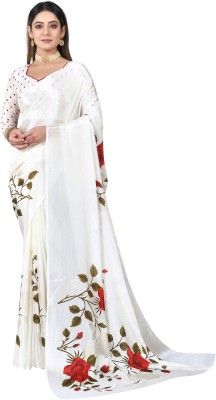 RGFASHION Printed Handloom Chiffon Saree(White)