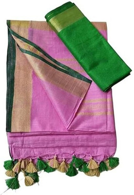 HAIDER ALI AND SONS Solid/Plain Handloom Cotton Linen Saree(Dark Green)