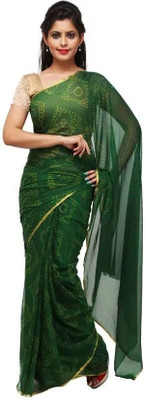 TMT HUB Printed Bandhani Chiffon Saree(Green)