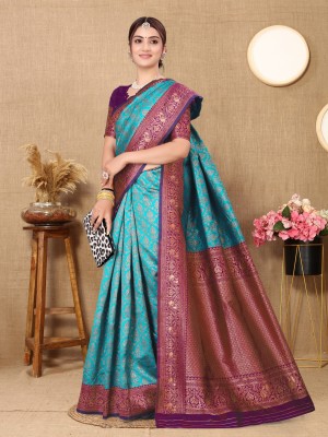 Falcan Enterprise Woven Kanjivaram Jacquard Saree(Multicolor)