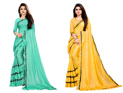 Fashion Field Self Design Bollywood Lycra Blend Saree(Pack of 2, Yellow, Blue)