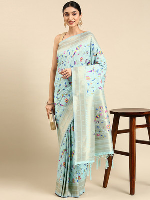 PANZORA Woven Paithani Silk Blend Saree(Light Blue)