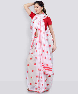 TANTLOOM Polka Print Handloom Cotton Blend Saree(Red, White)