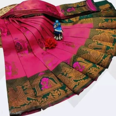 KanjiQueen Woven Kanjivaram Silk Blend, Pure Silk Saree(Pink, Green)