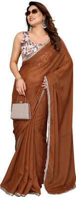 Hensi sarees shop Printed, Solid/Plain Assam Silk Georgette, Art Silk Saree(Brown)