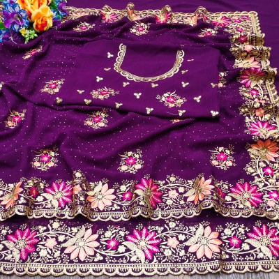 KHRITI FAB Embroidered, Floral Print Bollywood Georgette Saree(Purple)