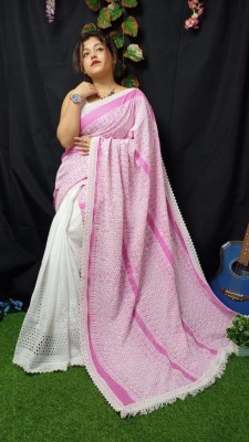 ASWRKI Woven Lucknow Chikankari Cotton Blend Saree(Pink)