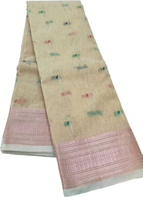 The FabLab Woven Handloom Cotton Linen Saree(Yellow)