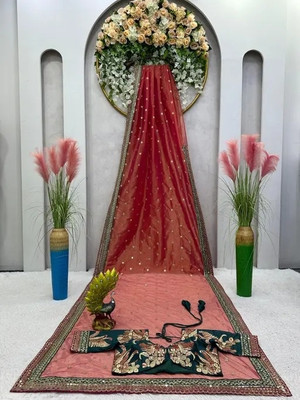 SROLY Embroidered Bollywood Net Saree(Red)