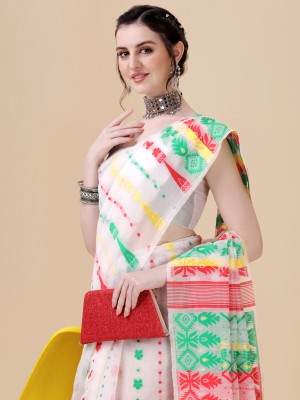 Ethnic Junction Printed Jamdani Silk Blend Saree(White)