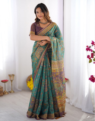 Satrani Floral Print, Woven, Embellished Kalamkari Linen Saree(Blue)
