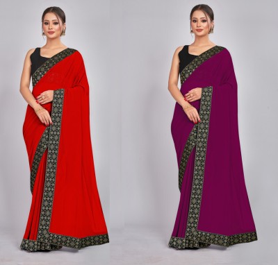 CastilloFab Embroidered Daily Wear Georgette Saree(Pack of 2, Red, Purple)