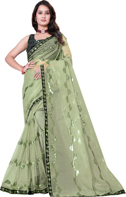 Zintargo Embroidered Bollywood Net Saree(Light Green)
