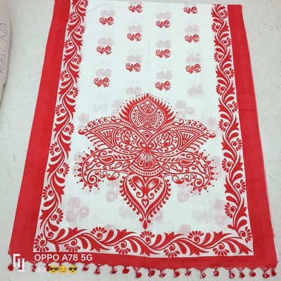 trogon Printed Handloom Pure Cotton Saree(White)