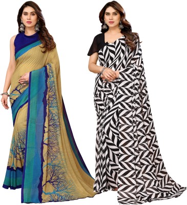 kashvi sarees Printed Daily Wear Georgette Saree(Pack of 2, Beige, Blue, Black)