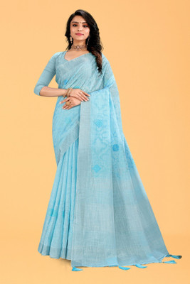 NEGRONI Embroidered Daily Wear Linen Saree(Light Blue)