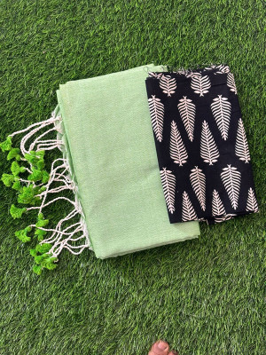 HouseOfCommon Solid/Plain, Printed Kalamkari Handloom Pure Cotton Saree(Light Green, Black)