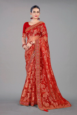 Aruna Sarees Embroidered Bollywood Net Saree(Red)