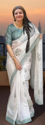 Myraani Floral Print Kantha Cotton Linen Saree(Green)