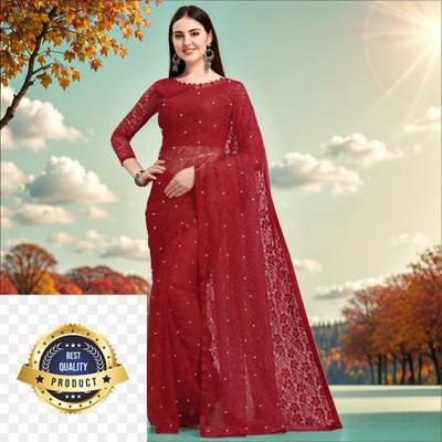 Online Bazaaar Embellished Bollywood Net Saree(Maroon)