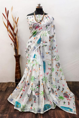 MIVAAN CREATION Printed Bollywood Cotton Linen Saree(White)
