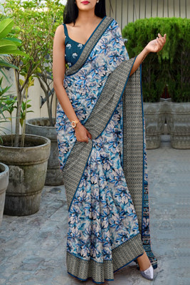 JERAVI Enterprise Floral Print, Woven Leheria Linen Saree(Light Blue, Blue)