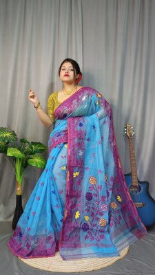 Rnn Saree Embroidered Jamdani Cotton Silk Saree(Blue, Multicolor)