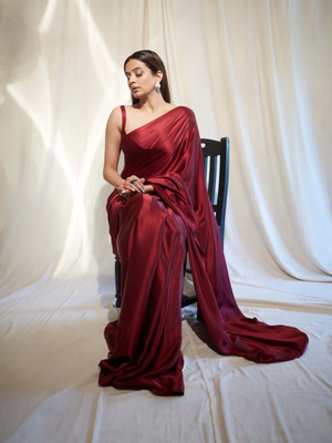 KMK STUDIO Solid/Plain Bollywood Satin Saree(Maroon)