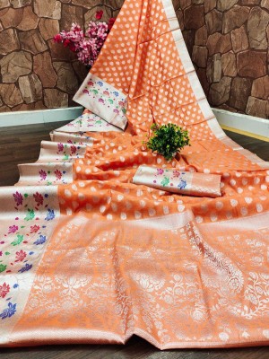 nirave fashion Woven Kanjivaram Cotton Silk Saree(Orange)