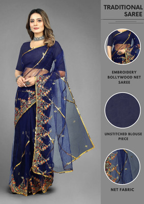Yashvi Designer Embroidered Bollywood Net Saree(Blue)