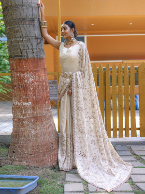 SGF11 Self Design Handloom Silk Blend Saree(White)