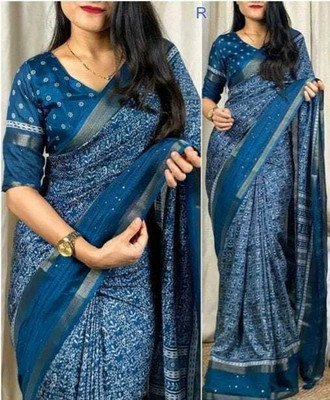Zoamic Printed Bollywood Cotton Silk Saree(Dark Blue)