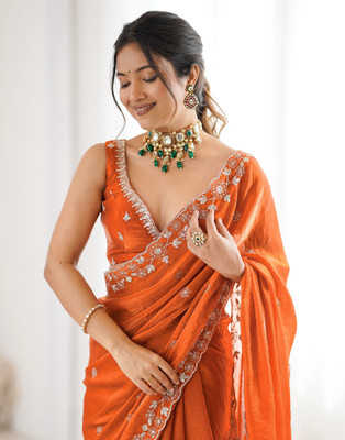 Satrani Embroidered, Embellished Bollywood Tissue, Jimmy choo Saree(Orange)