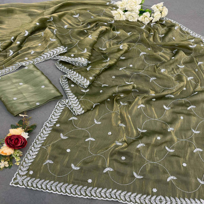 Peachmode Embroidered Bollywood Chiffon Saree(Green)