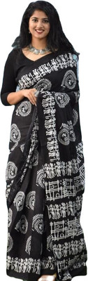 MARWAL HANDICRAFTS Hand Painted Daily Wear Cotton Silk Saree(Black)
